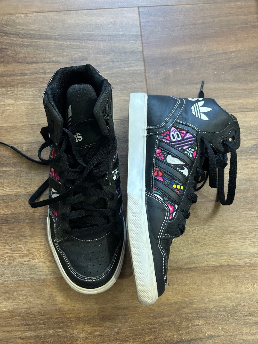 adidas Black High-Top Sneakers with Pink and White Pattern